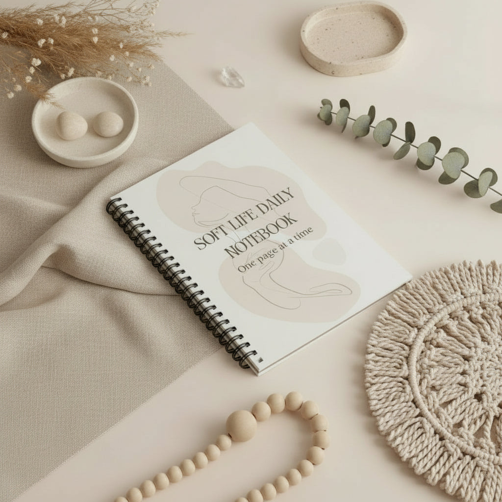 Notebook titled 'Soft Life Daily Notebook' with abstract design on a white background