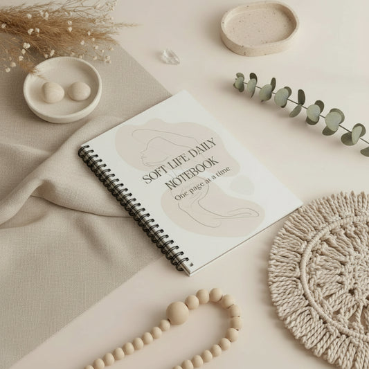 Notebook titled 'Soft Life Daily Notebook' with abstract design on a white background