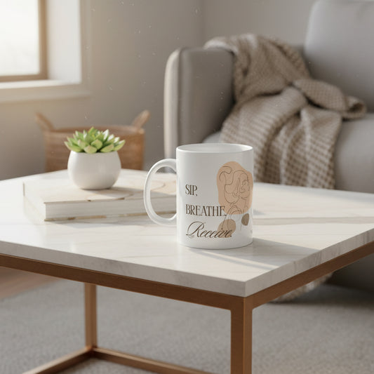 White mug with 'Sip, Breathe, Receive' text and abstract design on a white background