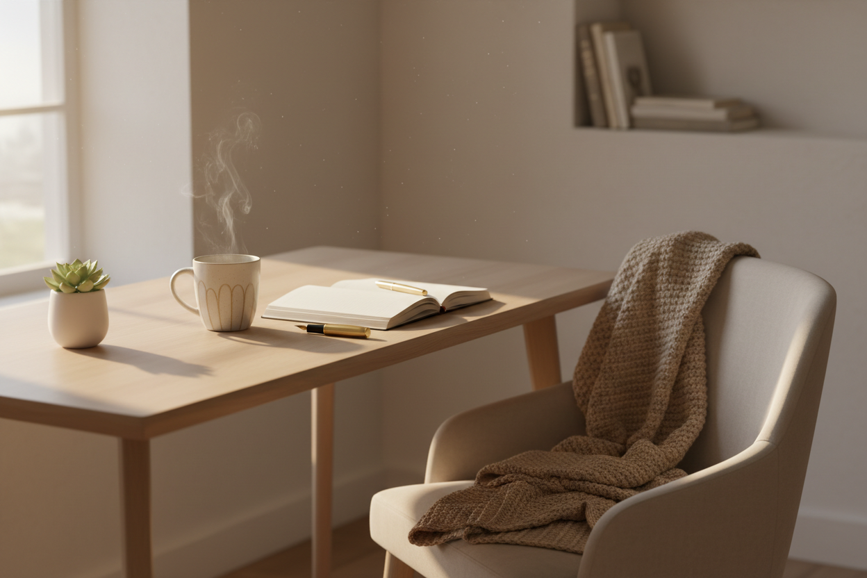 a clean, neutral lifestyle image — soft tones, cozy environment, desk with tea + journal, etc.