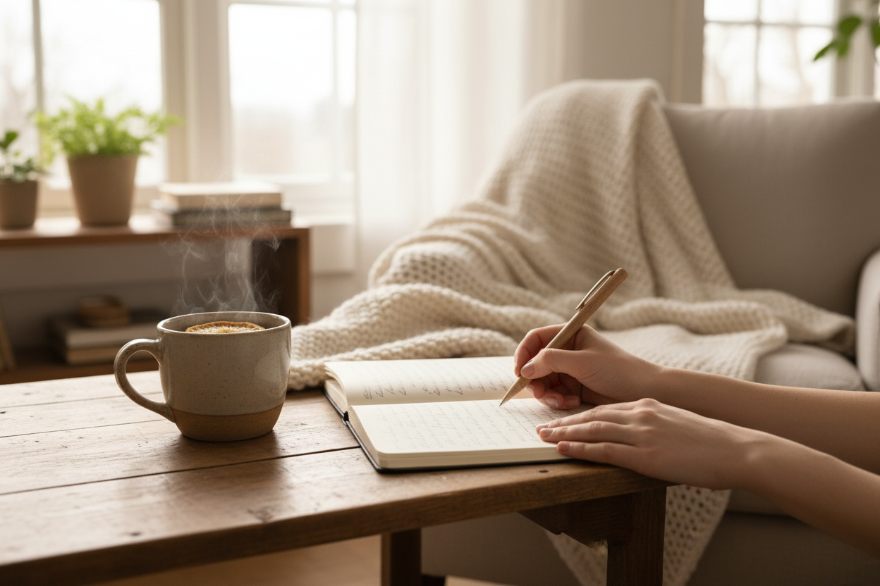 Use a calm lifestyle photo (journaling, tea, slow morning light) faceless